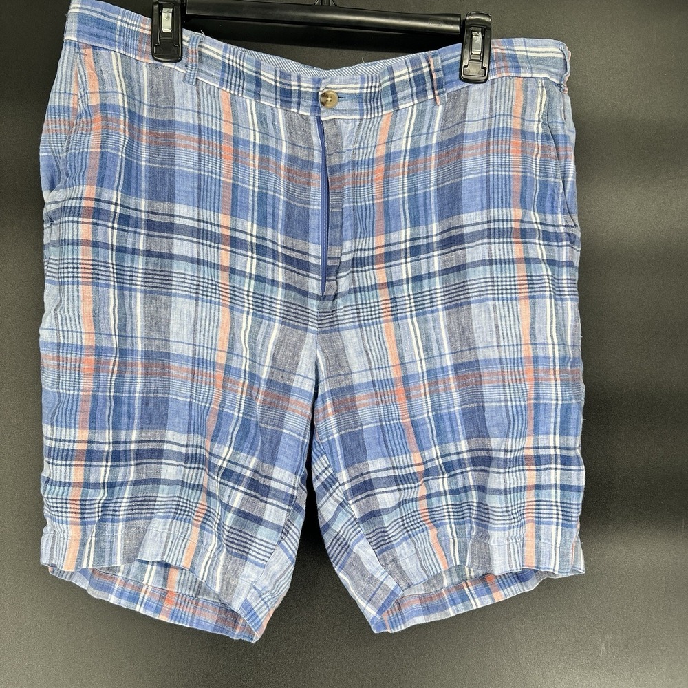 Peter Millar Mens 36 Blue Plaid Linen Shorts Chino Golf MS21B03